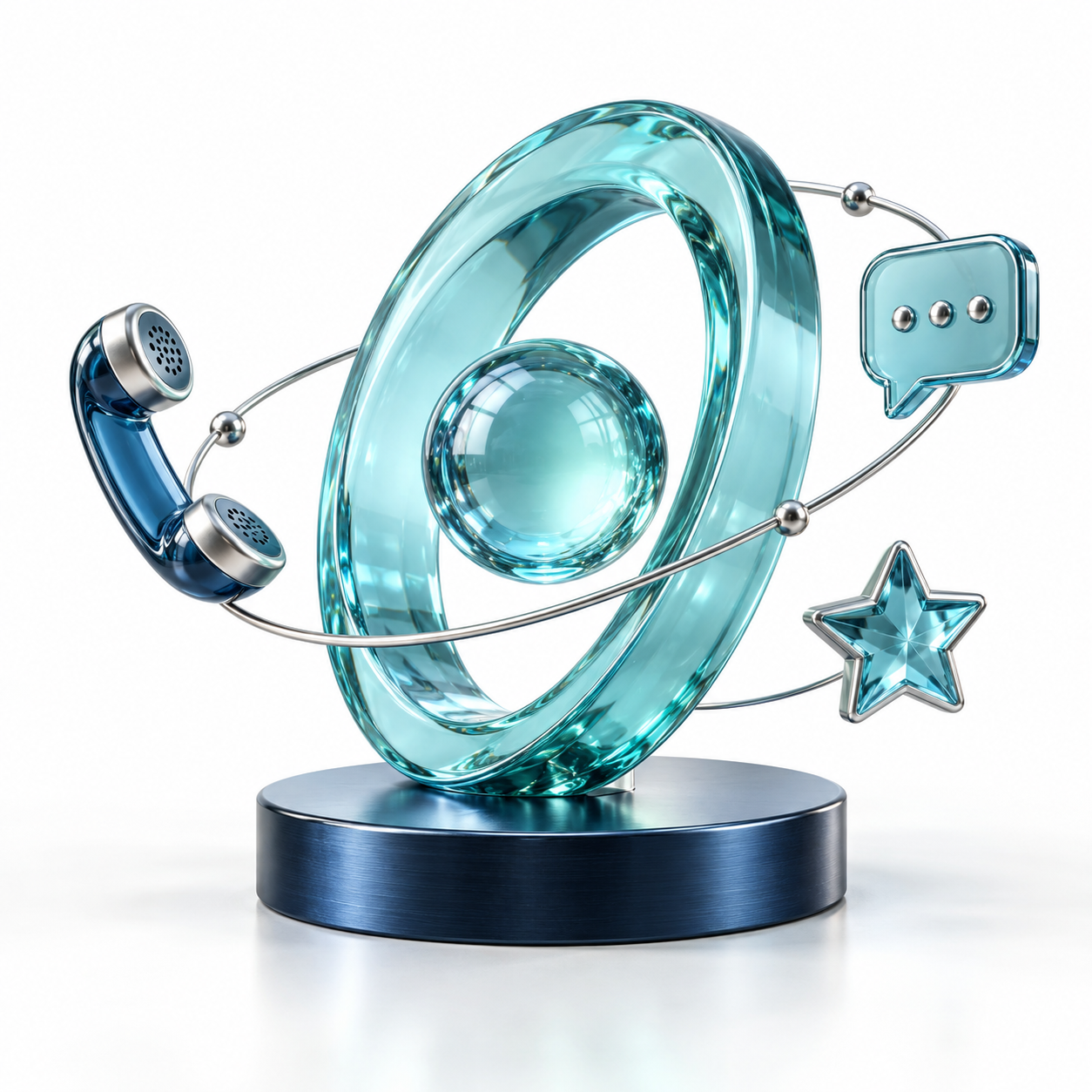 A turquoise glass communications hub with a telephone, message bubble and review star.